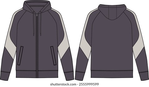 Men Zip-up raglan hoodie long sleeve with rib cuff and bottom band, color block sweatshirt, welt pockets, contrast panels on sleeve,  front and back view, vector sketches