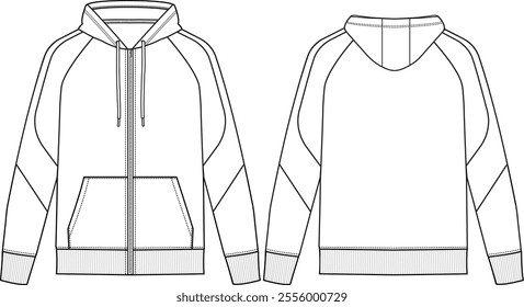 Men Zip-up raglan hoodie long sleeve with rib cuff and bottom band, kangaroo pockets, panels on sleeve,  front and back view, vector sketches