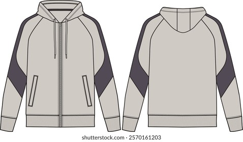 Men Zip-up raglan hoodie long sleeve with rib cuff and bottom band, color block sweatshirt, light grey and black coloration welt pockets, contrast panels on sleeve,  front and back view, vector