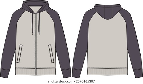 Men Zip-up raglan hoodie long sleeve with rib cuff and bottom band, colour block sweatshirt with contrast sleeves and contrast hood and drawstring, hand welt pockets, front and back, vector sketch