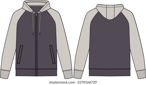 Men Zip-up raglan hoodie long sleeve with rib cuff and bottom band, colour block sweatshirt with contrast sleeves and contrast hood with drawstring, hand welt pockets, front and back, vector sketches