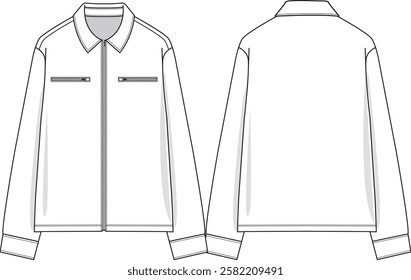 Men zip-up Shirt with long Sleeves, Double Front Zipper Chest Pockets, fold down collar, sketch front and back, vectors