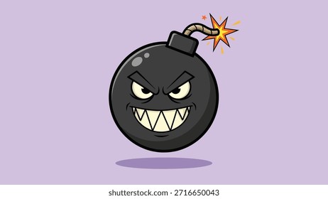 Bomba de dibujos animados negra amenazadora con dientes afilados, ojos brillantes y una mecha de chispa, lista para explotar.