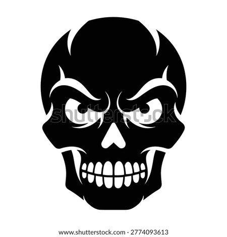 A menacing black skull face with an aggressive expression and sharp teeth on white background for designs