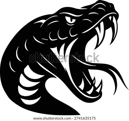 Menacing Black and White Snake Head Vector Illustration Featuring Open Fangs and Scaled Texture