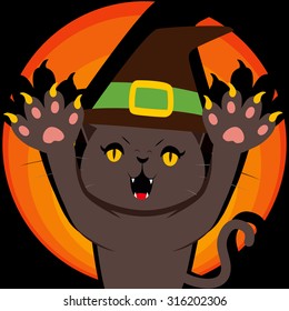 Menacing black witch Halloween cat showing his claws and paws