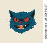 A menacing, blue cat with glowing red eyes, sharp teeth, and a wide, snarling mouth