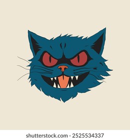 Um gato azul ameaçador com olhos vermelhos brilhantes, dentes afiados e uma boca larga e ardente