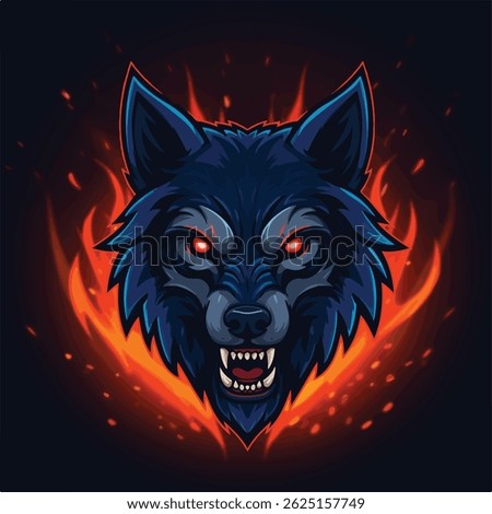 A menacing blue and grey wolf head with glowing red eyes and sharp teeth is surrounded by vibrant orange flames against a dark background.