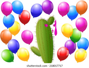 Menacing cactus surrounded by balloons, one is burst. Isolated vector illustration on white background.