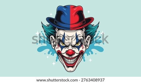A menacing clown face with a red and blue hat, sharp teeth, and a sinister expression, perfect for horror themes.