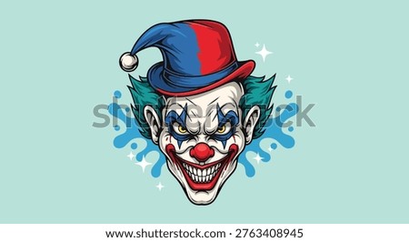 A menacing clown face with a red and blue hat, sharp teeth, and an unsettling grin, perfect for horror or Halloween themes.