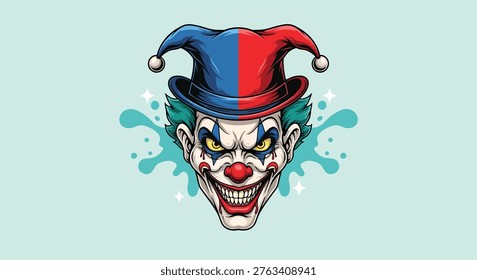 A menacing clown jester face with a colorful hat and an unsettling, wide grin, perfect for Halloween or horror themes.