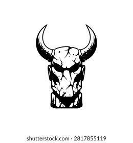 A menacing demon skull with large curved horns, rendered in a stark black and white vector style.