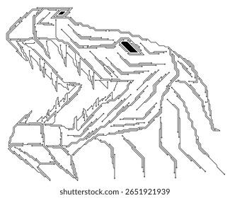 Uma cabeça de dragão ameaçadora com uma boca aberta. A fusão da mitologia e da alta tecnologia. O design é no estilo de trilhas de placa de circuito impresso. Fundo branco.