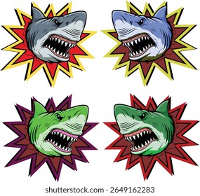 menacing gray sharks with sharp teeth bared are captured mid-burst from a dynamic, jagged explosion of red and yellow against a clean white background. The illustration style is bold and cartoonish, e