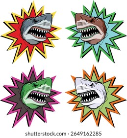 menacing gray sharks with sharp teeth bared are captured mid-burst from a dynamic, jagged explosion of red and yellow against a clean white background. The illustration style is bold and cartoonish, e
