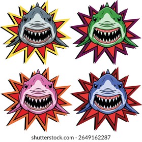 menacing gray sharks with sharp teeth bared are captured mid-burst from a dynamic, jagged explosion of red and yellow against a clean white background. The illustration style is bold and cartoonish, e