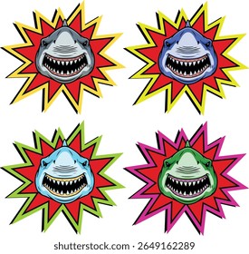menacing gray sharks with sharp teeth bared are captured mid-burst from a dynamic, jagged explosion of red and yellow against a clean white background. The illustration style is bold and cartoonish, e