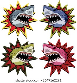 menacing gray sharks with sharp teeth bared are captured mid-burst from a dynamic, jagged explosion of red and yellow against a clean white background. The illustration style is bold and cartoonish, e