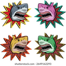menacing gray sharks with sharp teeth bared are captured mid-burst from a dynamic, jagged explosion of red and yellow against a clean white background. The illustration style is bold and cartoonish, e