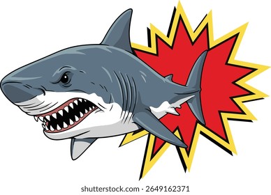 menacing gray sharks with sharp teeth bared are captured mid-burst from a dynamic, jagged explosion of red and yellow against a clean white background. The illustration style is bold and cartoonish, e