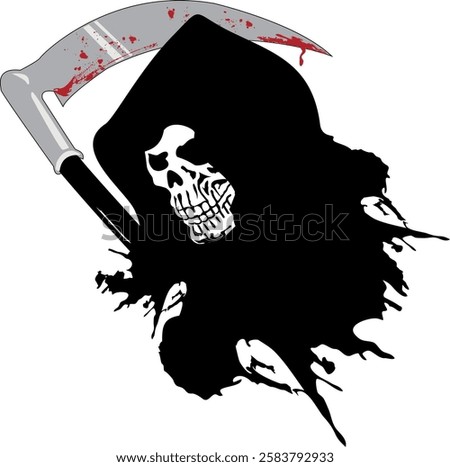 A menacing grim reaper, with a bloody head and scythe, stands ominously, symbolizing the inevitability of death.