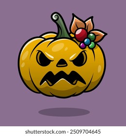 Menacing Halloween pumpkin with leaf and berries