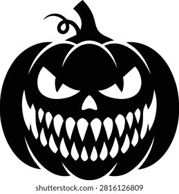 A menacing jack-o'-lantern face, presented as a bold black silhouette vector graphic, perfect for Halloween themed designs and spooky seasonal artwork.