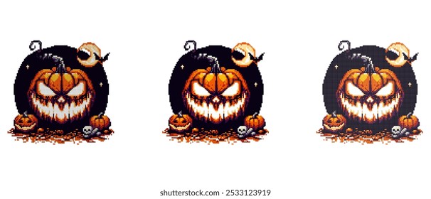 A menacing jack-o'-lantern with glowing eyes and mouth surrounded by smaller pumpkins a skull and a crescent moon under night sky