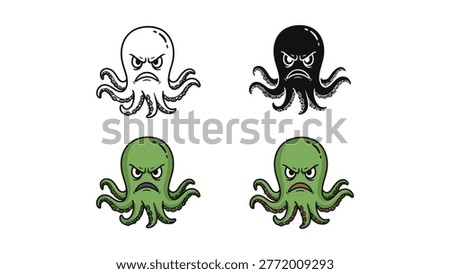 A menacing octopus with an angry expression is depicted in four distinct styles, including outline, solid black, and two variations of green, conveying aggression or displeasure.