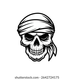 Ameaçadora ilustração de crânio pirata usando uma bandana, isolada em branco.