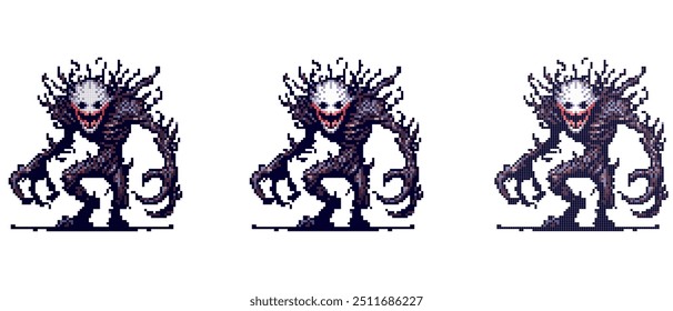 A menacing pixel art creature with a white, grinning face, surrounded by dark, spiky protrusions stands ready.