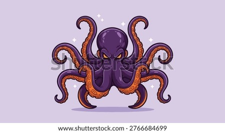 A menacing purple octopus with glowing orange accents and sharp, angry eyes, set against a soft lavender background.