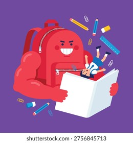 A menacing red backpack with a face and muscular arms is devouring a small child who is falling out of an open book.