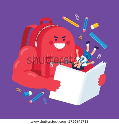 A menacing red backpack with a face and muscular arms is devouring a small child who is falling out of an open book.