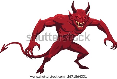 A menacing red demon, depicted in a dynamic stance, with sharp claws and a wide, toothy grin.