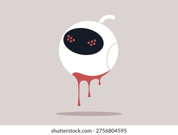 A menacing robot hovers in a gloomy setting, its smooth surface marked with dripping red stains, The atmosphere is charged with tension, suggesting danger and conflict.