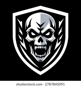 Menacing skull mascot logo with an open mouth and sharp teeth within a shield e sports fierce skull menacing