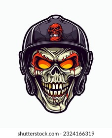 A menacing skull zombie wearing a helmet vector clip art illustration, blending horror and military themes, perfect for zombie apocalypse designs