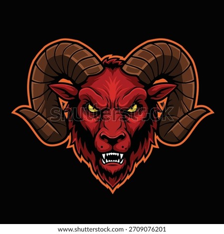 A menacing, stylized illustration of a red ram's head with sharp teeth, glowing yellow eyes, and prominent, textured brown horns.