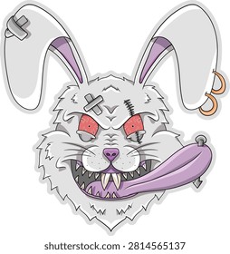 A menacing white rabbit with red eyes, sharp teeth, and a long tongue, adorned with bandages and piercings, conveying a punk or zombie aesthetic.