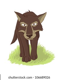 menacing wolf moving through the grass