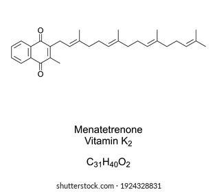 Menatetrenone, Vitamin K2, menaquinone, chemical formula and skeletal structure. Also known as MK-4, is one of 9 forms of vitamin K2, found in animal products and fermented foods. Illustration. Vector