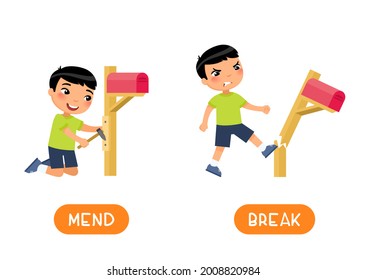 MEND and BREAK antonyms word card, opposites concept. Flashcard for English language learning. Asian boy breaks mailbox, child fixes broken post