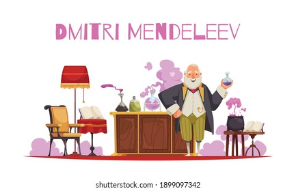 Mendeleev composition with editable text and view of vintage room furniture with test tubes and jars vector illustration