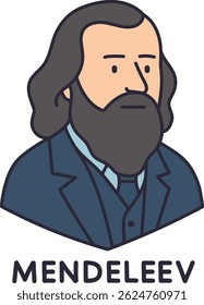 Mendeleev.
Vector portrait of Dmitry Mendeleev in cartoon style. A scientist with a long beard and a suit. Ideal for educational and scientific projects.