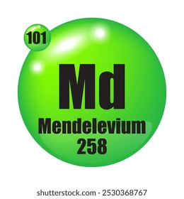 Ícone do Mendelevium. Md elemento químico. Número atômico 101. Massa 258. Imagem de esfera verde. Símbolo de vetor.