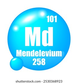 Ícone do Mendelevium. Md elemento químico. Número atômico 101. Massa 258. Esfera azul brilhante