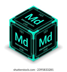 Mendelevium (Md) (101) - Fundamental Element Futuristic Cybernetic Cube Block Isometric View, Icon Isolated White Background, Periodic Table, Chemical Symbol, Name, Atomic Mass, Atomic Number